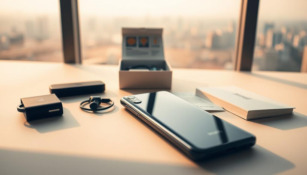A meticulously arranged scene showcasing the unboxing of the Redmi Turbo4 Pro, bathed in warm, natural lighting that accentuates the sleek, premium design of the device. In the foreground, the device rests atop a minimalist, neutral-toned surface, surrounded by a carefully curated selection of accessories - a charging cable, a protective case, and a pair of earbuds. The middle ground features the open, neatly unpacked box, revealing the phone's packaging and accompanying documentation. In the background, a subtle, blurred cityscape provides a subtle, contextual backdrop, hinting at the device's potential for connectivity and urban mobility. The overall composition exudes a sense of anticipation and excitement, capturing the essence of the Redmi Turbo4 Pro unboxing experience.